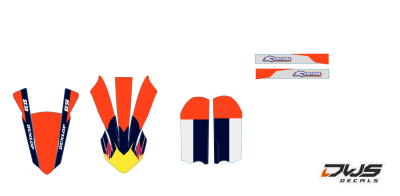 Trimset KTM Sx 50 2016 2017 2018 orange blue oranje blauw orange blauDecals dekor design graphics aufklebe stickerset nummerset dws mx front fender rear fender kotflugel kabelgeschutzer fork protectors voorpootbeschermers brug stickers voorspatbord achter