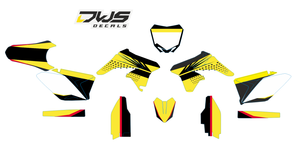 Volledige stickerset Suzuki RMZ 250 2010 2011 2012 2013 2014 2015 2016 geel zwart rood yellow black red Decals dekor design graphics aufklebe stickerset nummerset dws mx