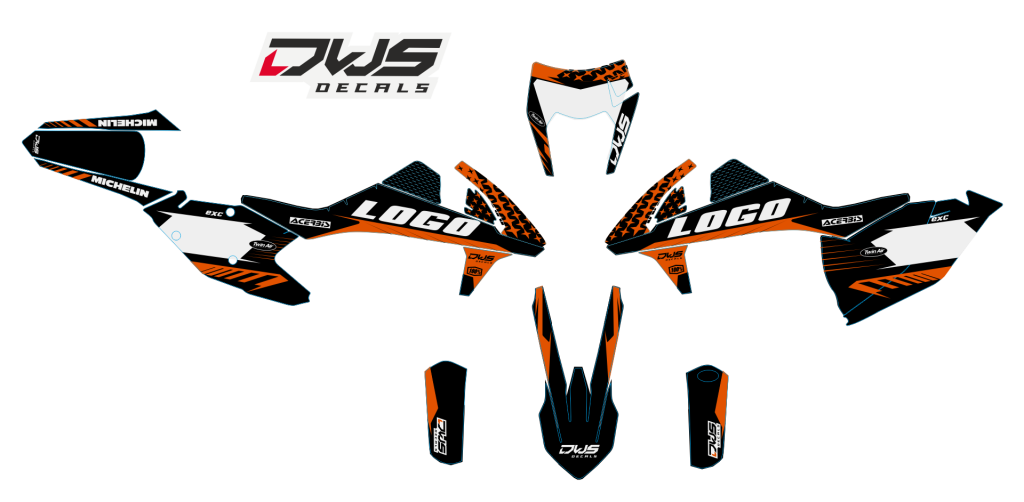Complete stickerset KTm EXC EXC-F 125 XC-W 150 XC-W 250 350 450 500 viertakt 2017 Model 1 Decals dekor design graphics aufklebe stickerset nummerset dws mx model 3 blauw oranje