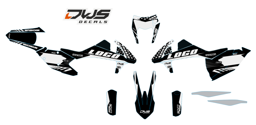 Complete stickerset KTm EXC EXC-F 125 XC-W 150 XC-W 250 350 450 500 viertakt 2017 Model 1 Decals dekor design graphics aufklebe stickerset nummerset dws mx model 3 blauw oranje