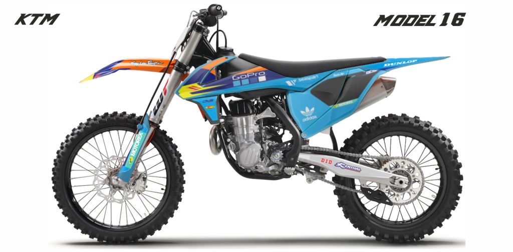Complete stickerset KTM SX 125 SX 250 SX-F 250 SX-F 350 SX-F 450 2016 blue-orange blauw oranje DECALS DEKOR DESIGN GRAPHICS AUFKLEBE STICKERSET NUMMERSET DWS MX retro