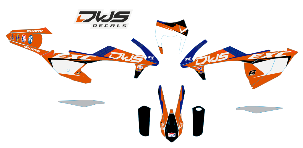 Complete stickerset KTm EXC EXC-F 125 XC-W 150 XC-W 250 350 450 500 viertakt 2017 Model 1 Decals dekor design graphics aufklebe stickerset nummerset dws mx model 9 blauw oranje