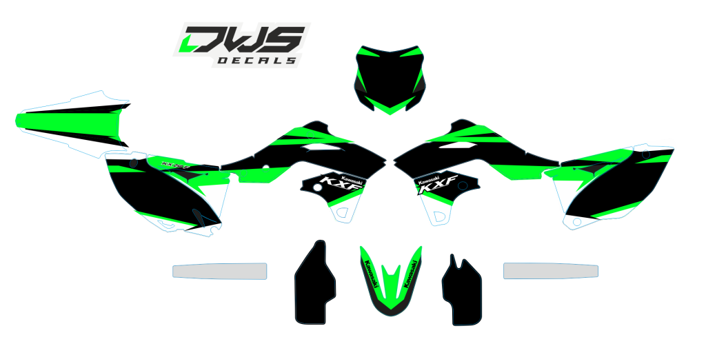 Volledige stickerset Kawasaki KXF 250 2013 2014 2015 2016 black green schwarz grun zwart groen Decals dekor design graphics aufklebe stickerset nummerset dws mx
