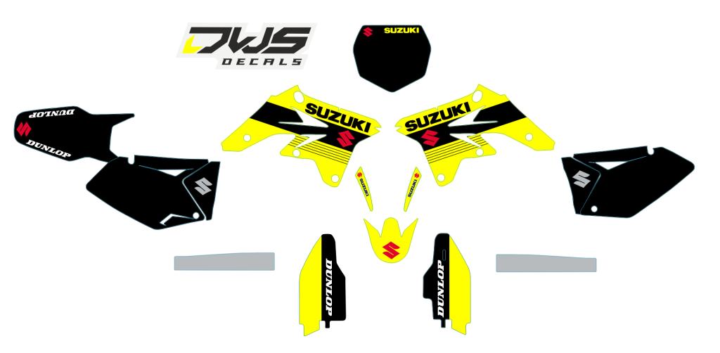 Volledige stickerset Suzuki RMZ 250 2007 2008 2009 geel zwart rood yellow black red Decals dekor design graphics aufklebe stickerset nummerset dws mx