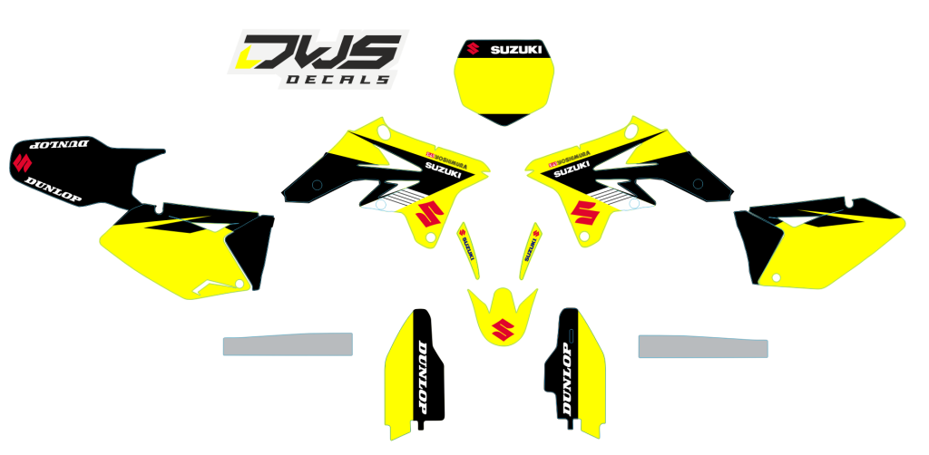 Volledige stickerset Suzuki RMZ 250 2007 2008 2009 geel zwart rood yellow black red Decals dekor design graphics aufklebe stickerset nummerset dws mx
