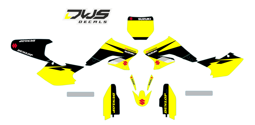 Volledige stickerset Suzuki RMZ 250 2004 2005 2006 geel zwart rood yellow black red Decals dekor design graphics aufklebe stickerset nummerset dws mx