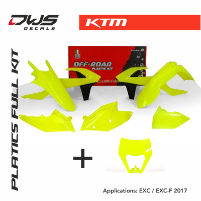 Rtech KTM blue orange plastics dws decals racetech EXC 2017 2018 2019 front maske lightmaske side panels front fender rear fender fork protectors radiatorscoops fluo yellow neo