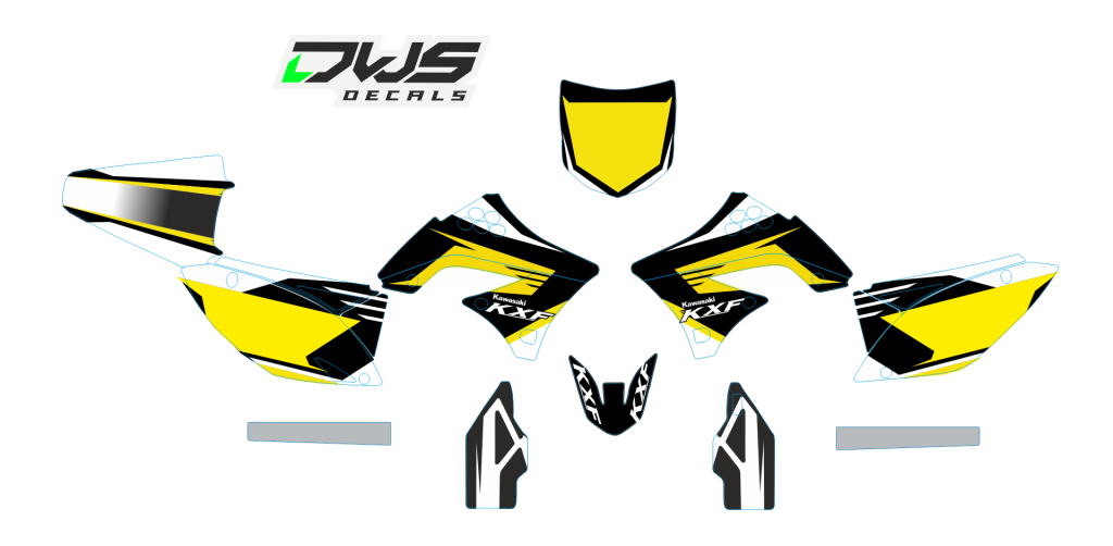 Volledige stickerset Kawasaki KXF 450 2009 2010 2011 geel yellow gelb Decals dekor design graphics aufklebe stickerset nummerset dws mx