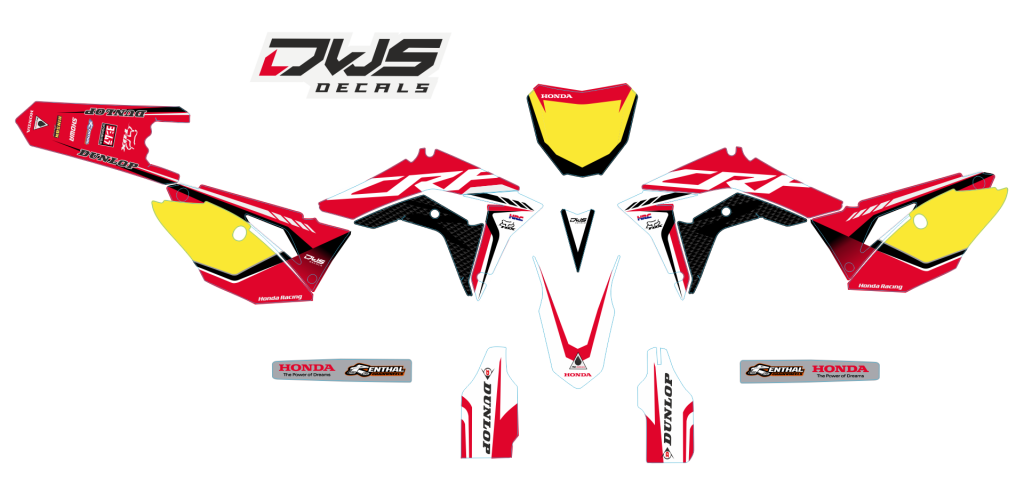 Complete stickerset Honda CRf 450 R XR 2017 Decals dekor design graphics aufklebe stickerset nummerset dws mx model 1 Honda factory look 2017 graphic rear fender front fender forkprotectors fluor yellow kabelgeschutzer kot flugel neon