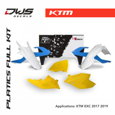 Rtech KTM blue orange plastics dws decals racetech EXC 2017 2018 2019 front maske lightmaske side panels front fender rear fender fork protectors radiatorscoops limited edition white blue yellow