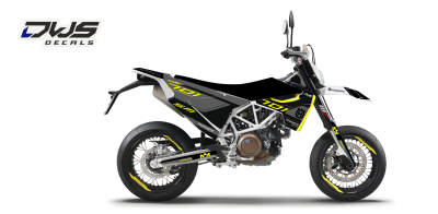 Complete stickerset decalset Decore Husqvarna Supermoto SM 701 2016 2017 2018 komplette Decore DWS decals MX graphics graphix aufklebe front fender rear fender side panels numbers fork protectors trimset nummerset radia radiatorscoops kotflugel gabelgesch