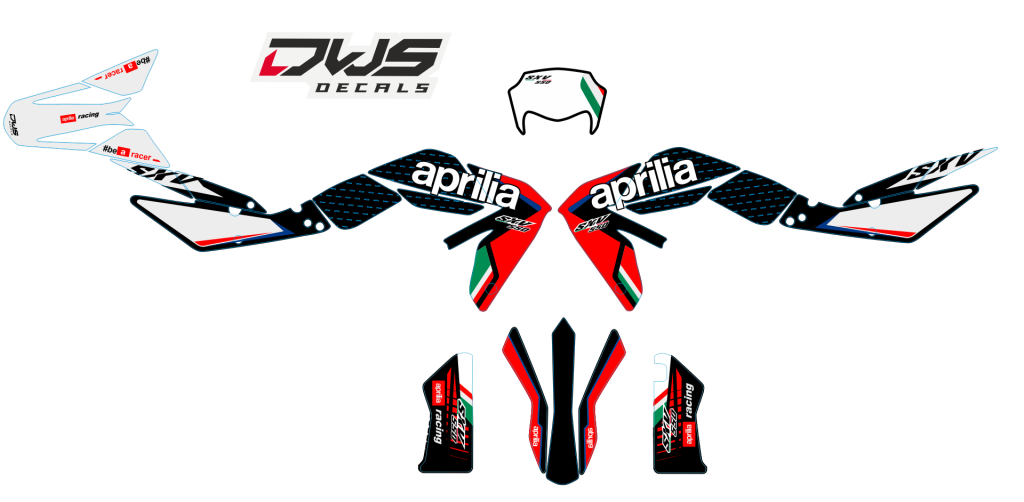 Aprillia SXV 450 550 Enduro complete stickerset decore decal set decal kit aufklebe nummerset trimset radiaset radiotor scoops front fender fork protectors rear fender kotflugel mx graphics dws decals