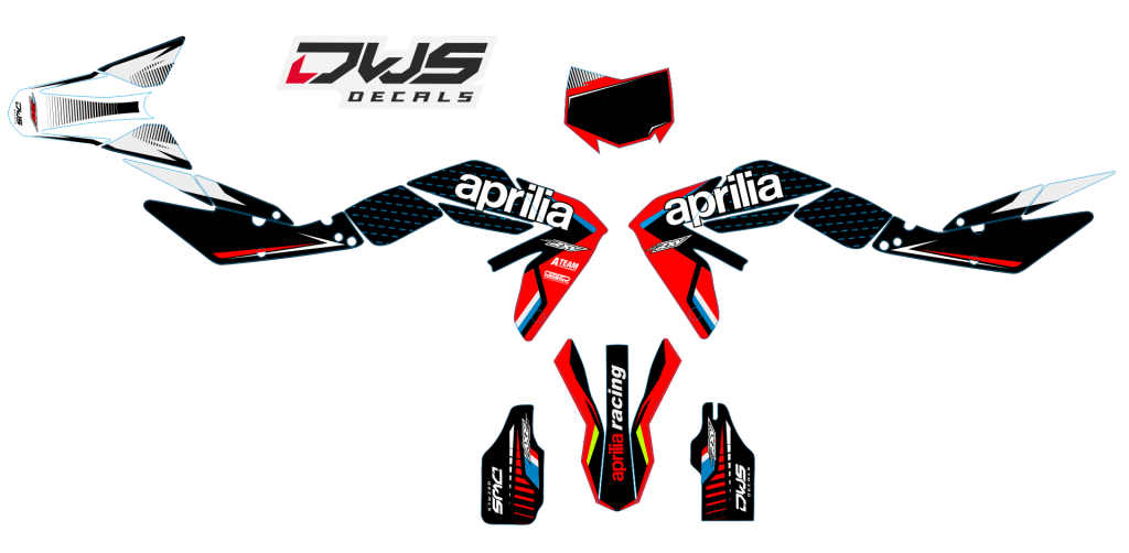 Complete stickerset Aprillia SXV 450 550 Enduro complete stickerset decore decal set decal kit aufklebe nummerset trimset radiaset radiotor scoops front fender fork protectors rear fender kotflugel mx graphics dws decals front fender Kotflugel vorne voor