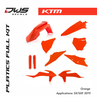 KTM plastics Sx Sx-F 2019 DWS decals Acerbis new front number plate front fender fork covers protectors radiator scoops shrouds side panels air box covers rear fender kotflugel gabelschutzer radiateurkappen nummern startnummer voorpoten voorspatbord super