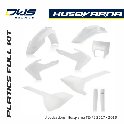 Husqvarna plastics TE FE 250 350 450 2017 2018 2019 enduro dws decals front fender front number fork protectors radiator shrouds side panels rear fender swingarm kotflugel gabelschutzer radiator kappen plastic voorspatbord supermoto supermotard white
