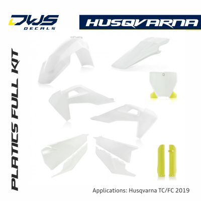 Husqvarna plastics TC FC FS 125 250 350 450 2019 dws decals front fender front number fork protectors radiator shrouds side panels rear fender swingarm kotflugel gabelschutzer radiator kappen plastic voorspatbord supermoto supermotard