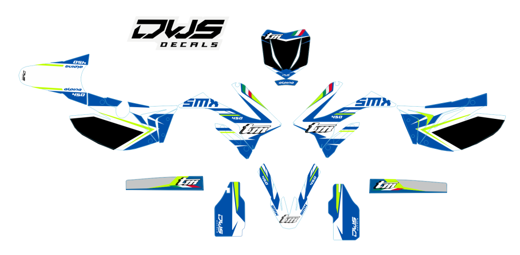 Tm SMX 300 - 250 FI - 450 FI -530 FI 4T 2015 2016 2017 2018 Model 6 dws decals Gehele stickerset bestaande uit - Radiaset (4 delig) - Nummerset (10 delig) - Trimset 6 delig) Complete decalkit TM SMX 300 - 250 FI - 450 FI -530 FI 4T 2015 2016 2017 2018 Mod