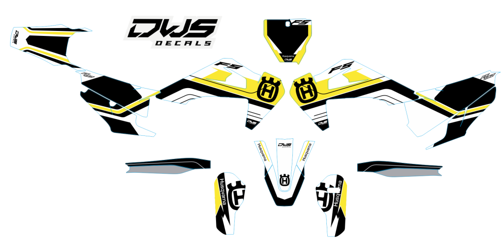 Complete stickerset Husqvarna FS 450 2019 Model 1 Gehele stickerset bestaande uit - Radiaset (2 delig) - Nummerset (5 delig) - Trimset (9 delig) Complet decasl kit consisting off - decals Radiator kit - decals side panels - decals Trimkit dws decasl mx au