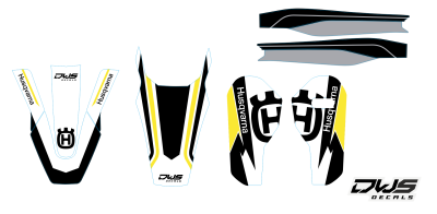 Trim stickerset Husqvarna FS 450 2019 model 1 Gehele stickerset bestaande uit - voorspatbord sticker - achterspatbord sticker - achterbrug stickers - voorpoot stickers consisting off: - decal front fender - decal rear fender - decal swingarm - decal fork 