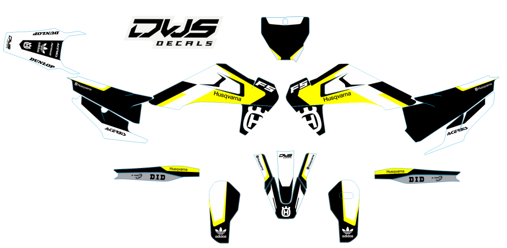 Trim stickerset Husqvarna FS 450 2019 model 2 Gehele stickerset bestaande uit - voorspatbord sticker - achterspatbord sticker - achterbrug stickers - voorpoot stickers consisting off: - decal front fender - decal rear fender - decal swingarm - decal fork
