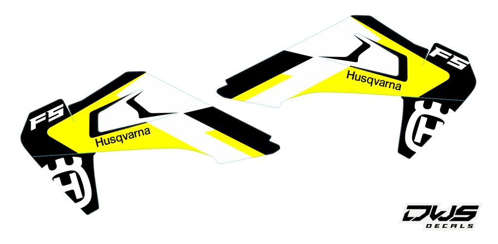 Trim stickerset Husqvarna FS 450 2019 model 1 Gehele stickerset bestaande uit - voorspatbord sticker - achterspatbord sticker - achterbrug stickers - voorpoot stickers consisting off: - decal front fender - decal rear fender - decal swingarm - decal fork