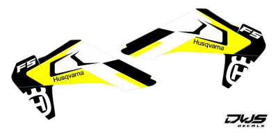 Trim stickerset Husqvarna FS 450 2019 model 1 Gehele stickerset bestaande uit - voorspatbord sticker - achterspatbord sticker - achterbrug stickers - voorpoot stickers consisting off: - decal front fender - decal rear fender - decal swingarm - decal fork