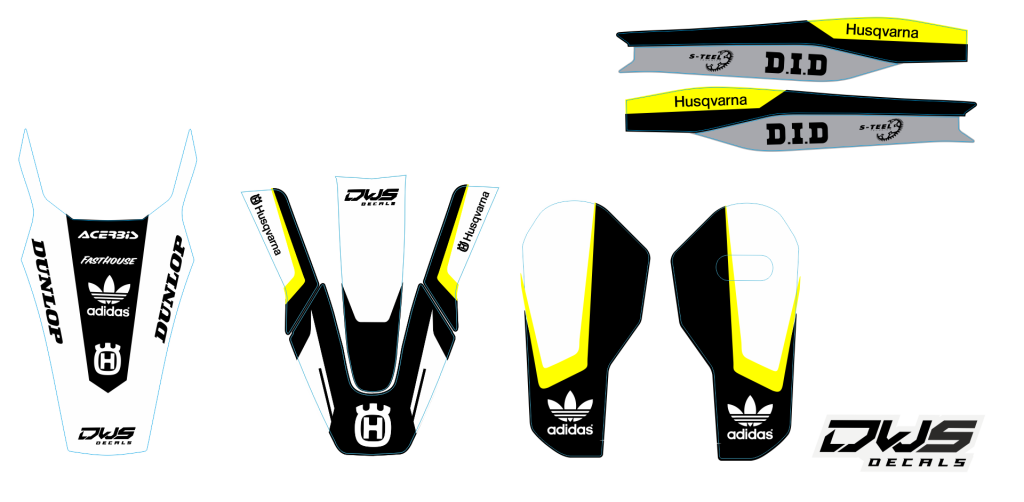 Trim stickerset Husqvarna FS 450 2019 model 1 Gehele stickerset bestaande uit - voorspatbord sticker - achterspatbord sticker - achterbrug stickers - voorpoot stickers consisting off: - decal front fender - decal rear fender - decal swingarm - decal fork