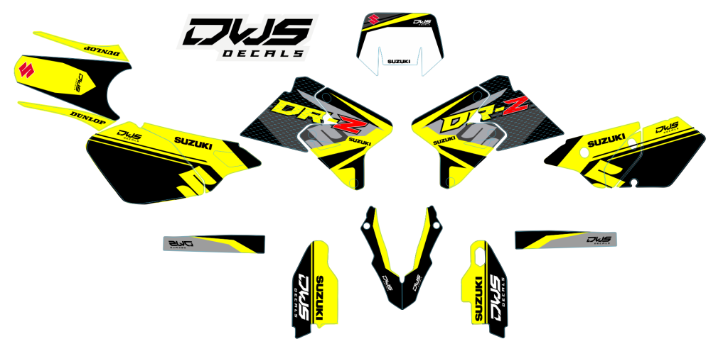 Suzuki DRZ 2000 2001 2002 2003 2004 2005 2006 2007 2008 2009 2010 2011 2012 2013 2014 2015 2016 2017 2018 2019 front number front fender rear fender side panel radiator scoops swingarm fork protetcors mx decore kotflugel decals stickers augfklebe cross dw