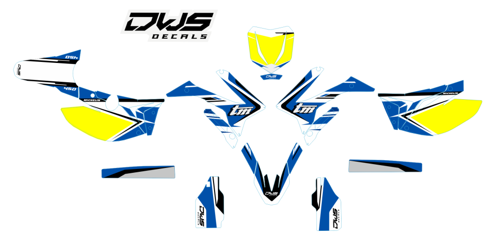 Tm SMX 300 - 250 FI - 450 FI -530 FI 4T 2015 2016 2017 2018 Model 6 dws decals Gehele stickerset bestaande uit - Radiaset (4 delig) - Nummerset (10 delig) - Trimset 6 delig) Complete decalkit TM SMX 300 - 250 FI - 450 FI -530 FI 4T 2015 2016 2017 2018 Mod