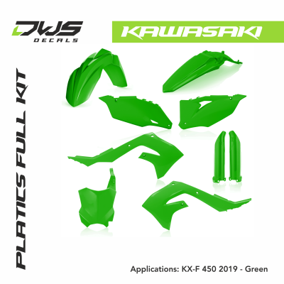 Kawa kawasaki KX-F 450 2019 plastics front fender rear fender radiator scoops side panels front number fork protectors kotflugel voorspatbord achterspatbord zijnummers radiakappen voornummer acerbis dws decals