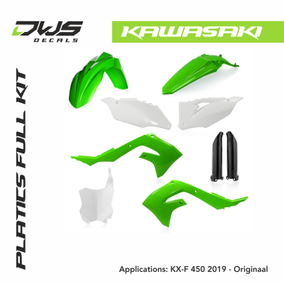 Kawa kawasaki KX-F 450 2019 plastics front fender rear fender radiator scoops side panels front number fork protectors kotflugel voorspatbord achterspatbord zijnummers radiakappen voornummer acerbis dws decals
