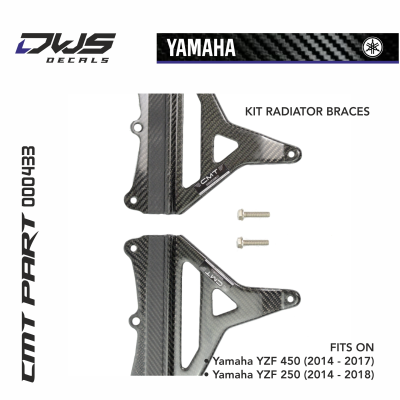 CARBON KIT RADIATOR BRACES for YAMAHA YZF 450 2014 - 2015 - 2016 - 2017 COD #: 000433 FITS ON • Yamaha YZF 450 (2014 - 2017) • Yamaha YZF 250 (2014 - 2018) WEIGHT 120 g DESCRIPTION The radiator is a very delicate cooling device that serves to ab