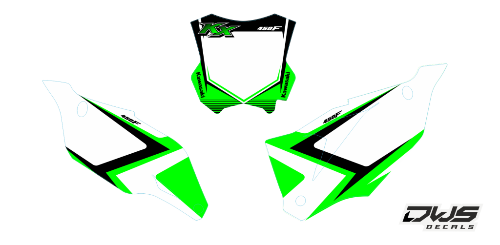 Nummerset number kit side panels startnummern radiator scoop shrouds Kawasaki KXF 450 2019 Voorspatbord sticker - Achterspatbord sticker - Voorvorkbeschermer stickers - (2 delig) - Brugstickers - (2 delig) Trimkit cinsisting off: - Front fender decal - Re