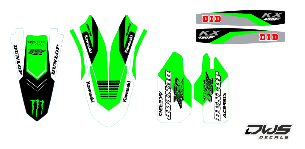 Kawasaki KXF 450 2019 Trimset  Voorspatbord sticker - Achterspatbord sticker - Voorvorkbeschermer stickers - (2 delig) - Brugstickers - (2 delig) Trimkit cinsisting off: - Front fender decal - Rear fender decal - Fork protetctors decals (2 tiles) - Swinga