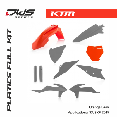 KTM SX SXF 125 150 250 350 450 2019 dws decals cross dirtbike front fender rear fender side panels front number radiator shrouds fork protetcors grey grijs dws decals orange