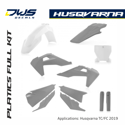 Husqvarna plstics grey grijs white wit chique new front number radiator shrouds rear fender fork protectors 2019 dws decals acerbis