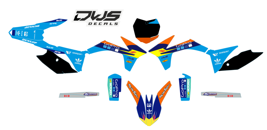 Complete stickerset Honda CRf 450 R XR 2017 Decals dekor design graphics aufklebe stickerset nummerset dws mx model 1 Honda factory look 2017 graphic rear fender front fender forkprotectors blue yellow black orange white wit oranje blauw zwart geel
