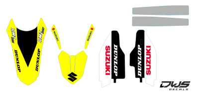 Trimset Suzuki RMZ 250 2010 2011 2012 2013 2014 2015 2016 geel zwart rood yellow black red Decals dekor design graphics aufklebe stickerset nummerset dws mx