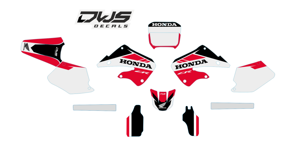 Honda CR 1999 Set Model 1 Gehele stickerset bestaande uit - Radiaset (2 delig) - Nummerset (3 delig) - Trimset (6 delig) dws decals dwsdecals