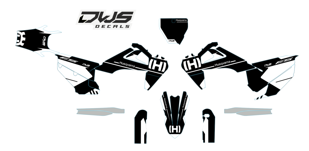 Complete stickerset Husqvarna FS 450 2019 Model 1 Gehele stickerset bestaande uit - Radiaset (2 delig) - Nummerset (5 delig) - Trimset (9 delig) Complet decasl kit consisting off - decals Radiator kit - decals side panels - decals Trimkit dws decasl mx au