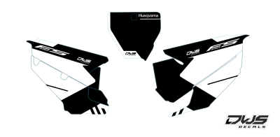 Complete stickerset Husqvarna FS 450 2019 Model 1 Gehele stickerset bestaande uit - Radiaset (2 delig) - Nummerset (5 delig) - Trimset (9 delig) Complet decasl kit consisting off - decals Radiator kit - decals side panels - decals Trimkit dws decasl mx au