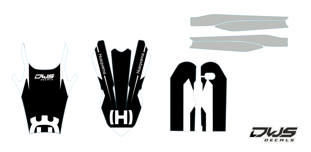 Complete stickerset Husqvarna FS 450 2019 Model 1 Gehele stickerset bestaande uit - Radiaset (2 delig) - Nummerset (5 delig) - Trimset (9 delig) Complet decasl kit consisting off - decals Radiator kit - decals side panels - decals Trimkit dws decasl mx au