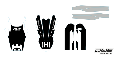 Complete stickerset Husqvarna FS 450 2019 Model 1 Gehele stickerset bestaande uit - Radiaset (2 delig) - Nummerset (5 delig) - Trimset (9 delig) Complet decasl kit consisting off - decals Radiator kit - decals side panels - decals Trimkit dws decasl mx au