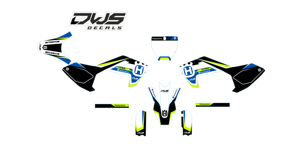 complete stickerset TC 50 husqvarna 2017 2018 dws decals graphics grahics aufklebe decore number decals nummerset yellow geel gelb black zwart schwarz grey grijs grau white wit blue blau blauw