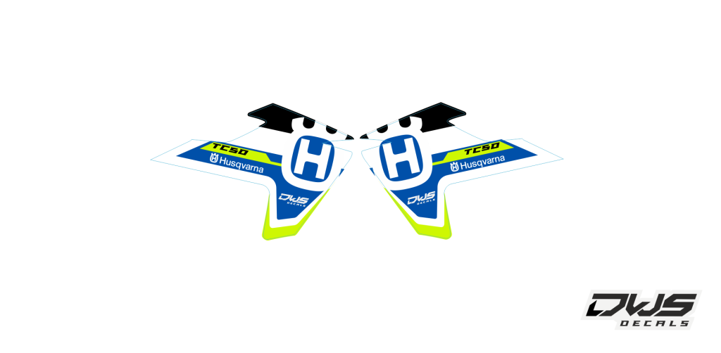 complete stickerset TC 50 husqvarna 2017 2018 dws decals graphics grahics aufklebe decore number decals nummerset yellow geel gelb black zwart schwarz grey grijs grau white wit blue blauw blau