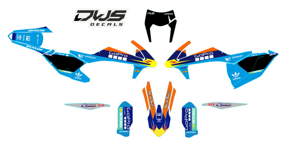 KTM EXC 125 250 350 450 500 2017-2019 Model 14 dws decals acerbis rear fender front fender side panels swingarm fork protetcors numbers nummer voorpootbeschermers voorspoatbord supermoto suoerbiker decals stickers aufklebe decore kit