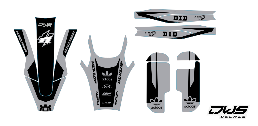 Trimset HusqvarnaTE FE 2020 model 1 Gehele stickerset bestaande uit: - voorspatbord sticker - achterspatbord sticker - achterbrug stickers - voorpoot stickers consisting off: - decal front fender - decal rear fender - decal swingarm - decal fork protector
