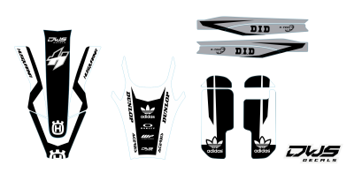 Trimset HusqvarnaTE FE 2020 model 1 Gehele stickerset bestaande uit: - voorspatbord sticker - achterspatbord sticker - achterbrug stickers - voorpoot stickers consisting off: - decal front fender - decal rear fender - decal swingarm - decal fork protector