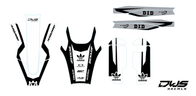Trimset HusqvarnaTE FE 2020 model 1 Gehele stickerset bestaande uit: - voorspatbord sticker - achterspatbord sticker - achterbrug stickers - voorpoot stickers consisting off: - decal front fender - decal rear fender - decal swingarm - decal fork protector