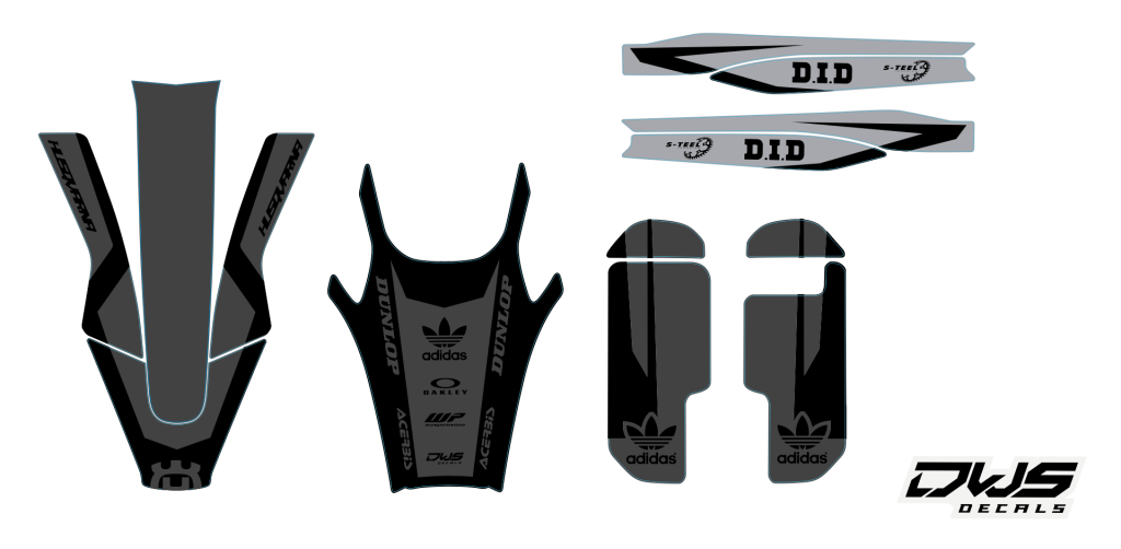 Trimset HusqvarnaTE FE 2020 model 1 Gehele stickerset bestaande uit: - voorspatbord sticker - achterspatbord sticker - achterbrug stickers - voorpoot stickers consisting off: - decal front fender - decal rear fender - decal swingarm - decal fork protector